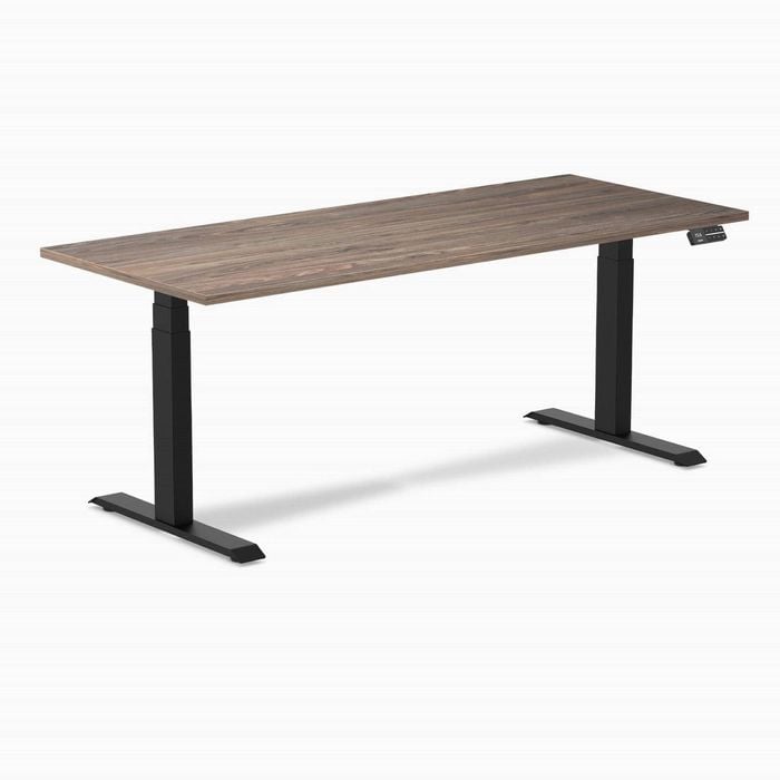 Desky Dual Sit To Stand Natural Walnut Melamine Desk 180x75cm Matte Black Height Adjustable Legs