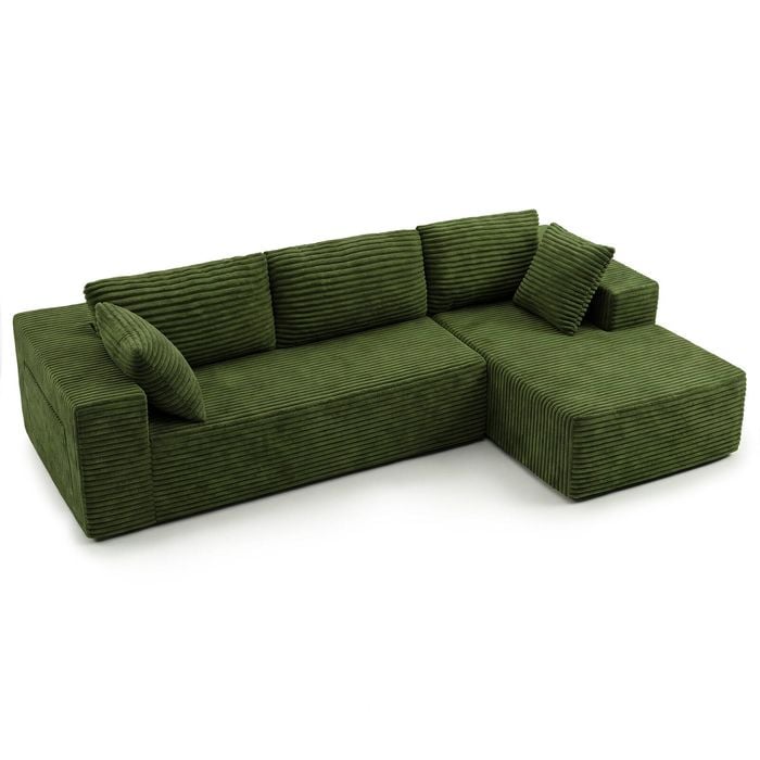 Advwin 277cm L Shape 3 Seater Sofa w/ Oversized Chaise Corduroy Modular Compressed Sofa No Assembly Green