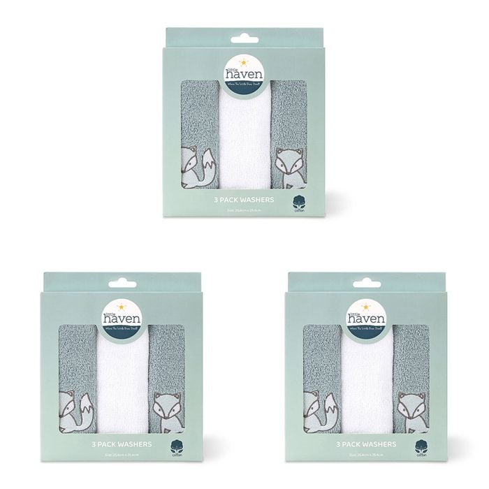 3x 3pc Little Haven Cotton Hooded Washers Woodland 25.5cm