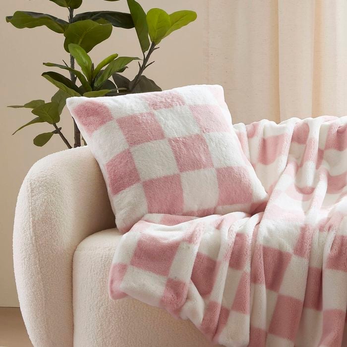 Dreamaker Checkered Plush Cushion Pink & Cream - 50 x 50cm