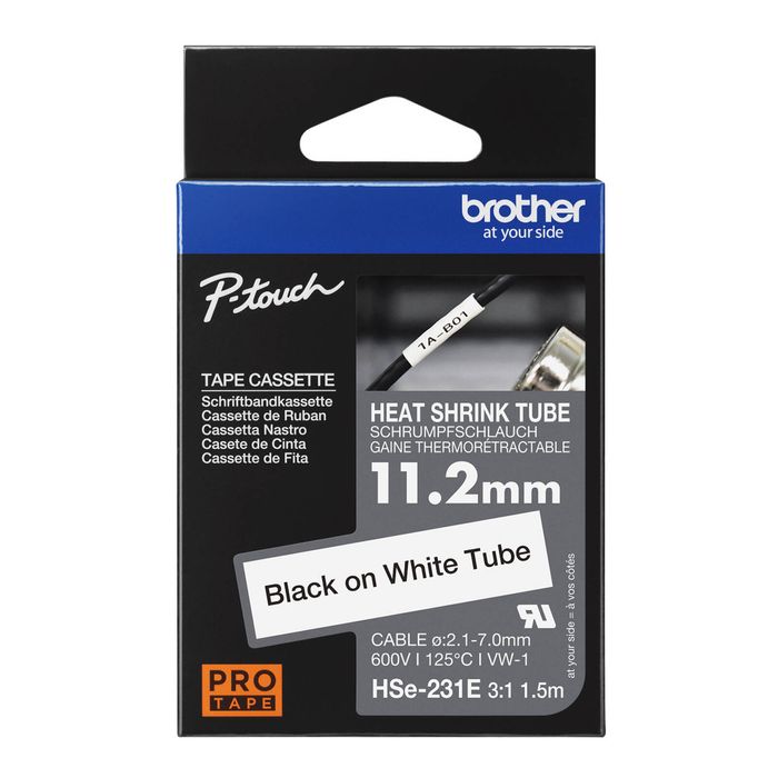 Brother 11.2mm Black on White HSe-231E Heat Shrink Labelling Tube 