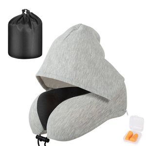 Catzon Travel Neck Pillow with Hood Memory Foam for Neck Support-Cotton-Light Grey