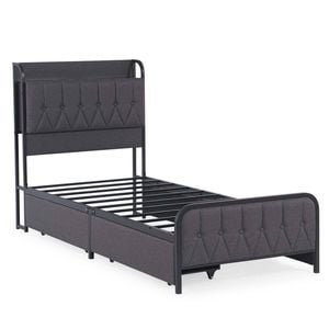 Bellos Living Grey Fabric Bed with Storage Bedhead, Charging Station and 2 Drawers Single