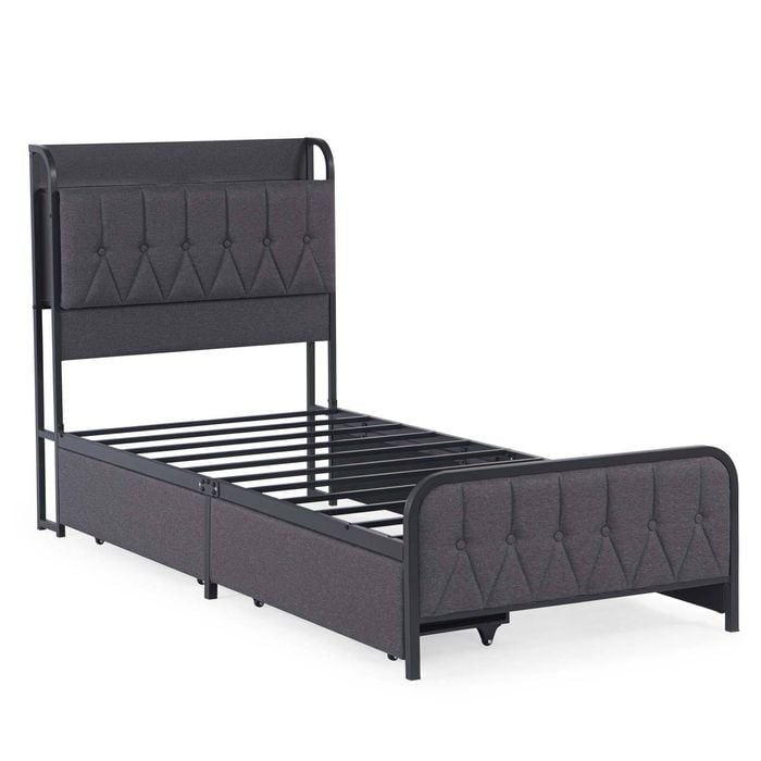 Bellos Living Grey Fabric Bed with Storage Bedhead, Charging Station and 2 Drawers Single