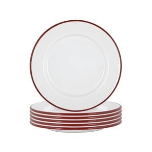 Argon Tableware 25.5cm Enamel Dinner Plates - Red Rim - Set Of 6 - 10inch Large Dish Plates Metal Enamel Tableware Dinner Set