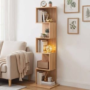 Homfurn 5-tier S-shaped Bookshelf – Space-saving Vertical Storage, Oak Finish, 154cm Tall