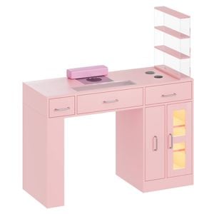 Ufurniture Nail Tech Desk Manicure Table w/Dust Collector Wireless Charging and LED Lights Pink