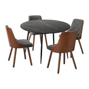 Oikiture 110cm Round Dining Table with 4PCS Dining Chairs Faux Linen Grey