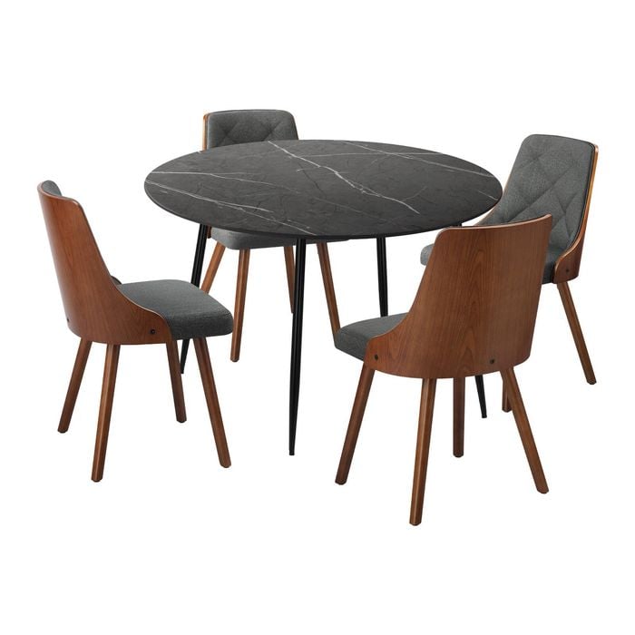 Oikiture 110cm Round Dining Table with 4PCS Dining Chairs Faux Linen Grey