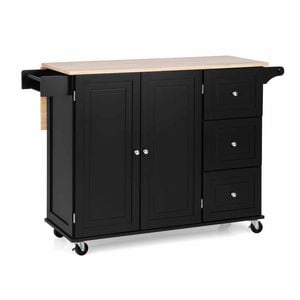 Costway Large Kitchen Island Trolley Extendable Tabletop Rubber Wood Black