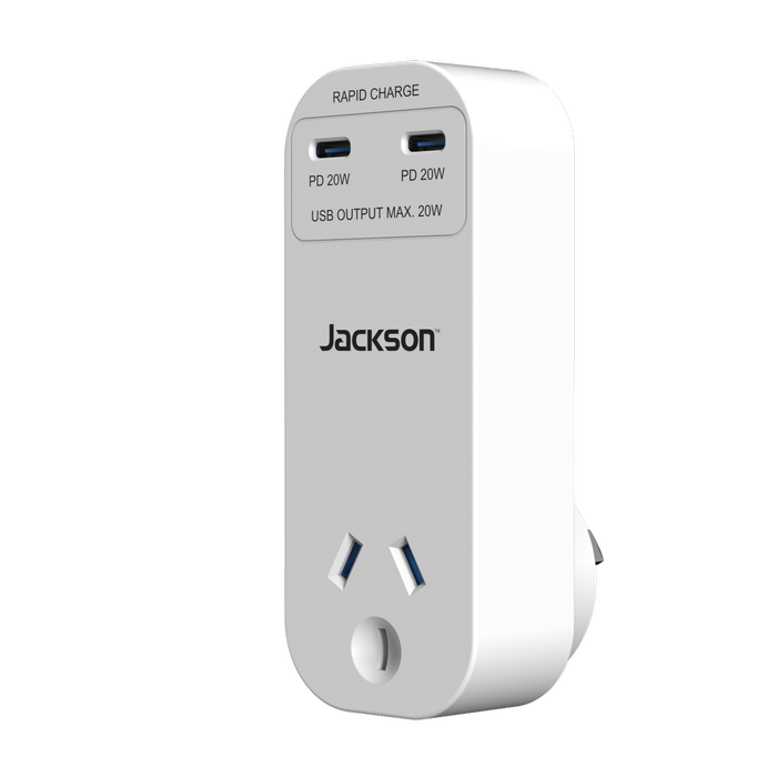 Jackson White 1 Outlet USB-C 20W Wall Adaptor Plus Jackson USB-C To Lightning 1.5m TPE Cable With Velcro Wrap Bundle Pack
