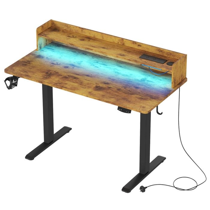 Advwin LED RGB Light Electric Standing Desk with Power Outlets & Monitor Stand 120cm Rustic Brown Desktop+Black Frame