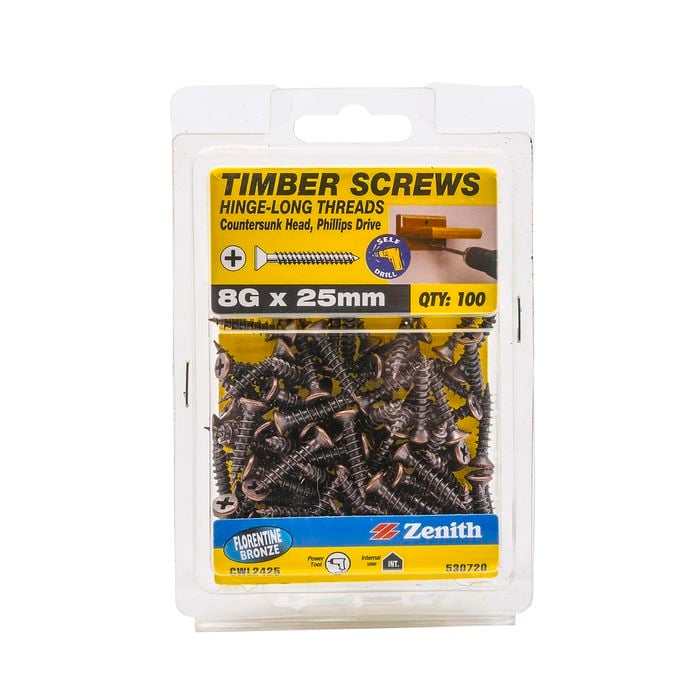 Zenith 8g x 25mm Florentine Bronze Hinge-Long Thread Timber Screw - 100 Pack