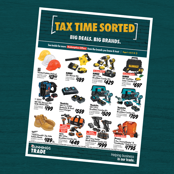 2026 Bunnings Trade Tax Time Catalogue cover on a green background