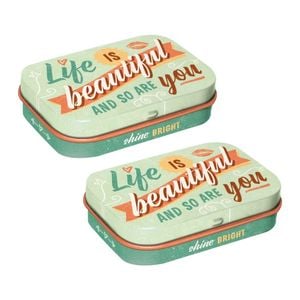 2PK Nostalgic Art 4x6cm Mint Box Metal Tin Life Is Beautiful and So Are You