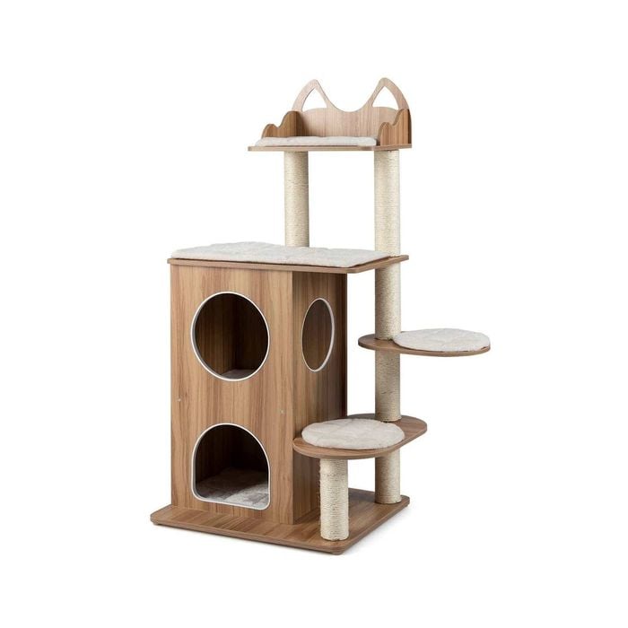 Costway 122cm Wooden Cat Tree W/2-floor Condo Cute Top Perch 3 Platform