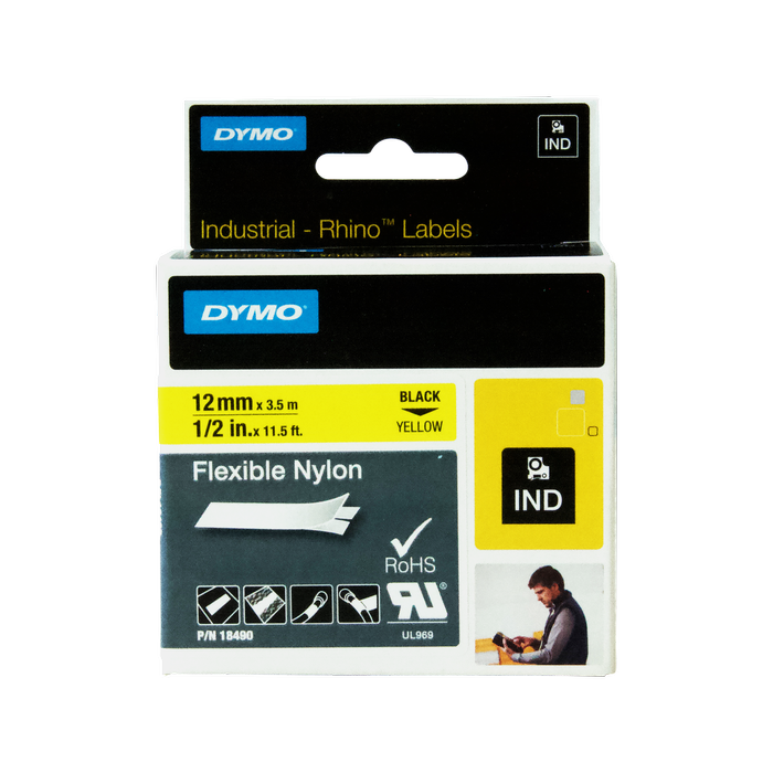 DYMO 12mm Black On Yellow Flexible Nylon Rhino Industrial Labels