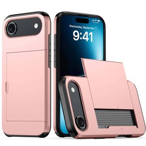 For Apple iPhone 17 Air Slide Armor Card Holder Wallet Protective Shockproof Hard Dual Layer Back Cover (Rose Gold)