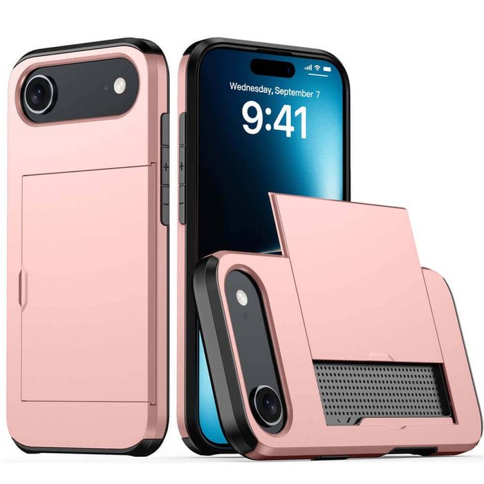 For Apple iPhone 17 Air Slide Armor Card Holder Wallet Protective Shockproof Hard Dual Layer Back Cover (Rose Gold)