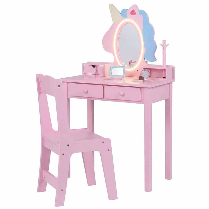 Costway Kid Vanity Set Light Unicorn Mirror 2in1 Jewelry Rack Pink