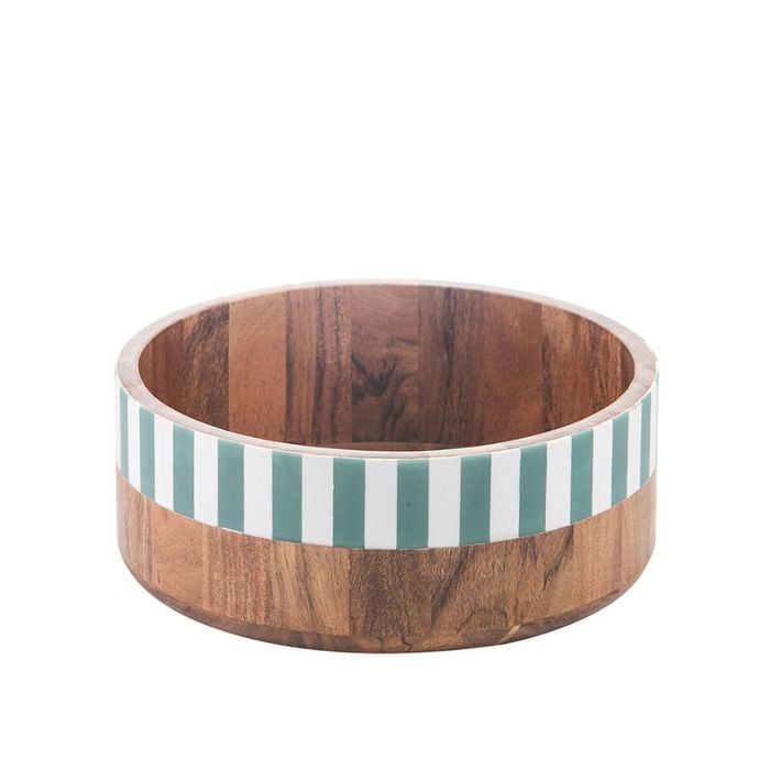 Ladelle Panama Stripe Wooden Salad Serving Bowl Handcrafted Multi-Purpose