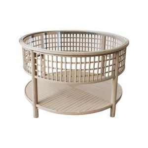 New Rustic 79.5cm Bamboo Round Coffee Table w/ Glass Top - Natural