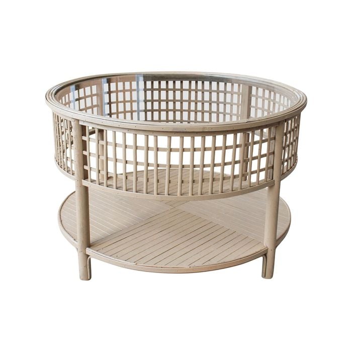 New Rustic 79.5cm Bamboo Round Coffee Table w/ Glass Top - Natural