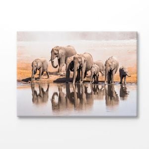 Elephant Family Drinking Water From a Lake Print 100% Australian Made 90x60cm (Stretched Canvas)