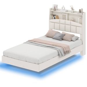 Ufurniture Velvet Floating Bed Frame with LED Lights and Storage Headboard King Single Size Beige