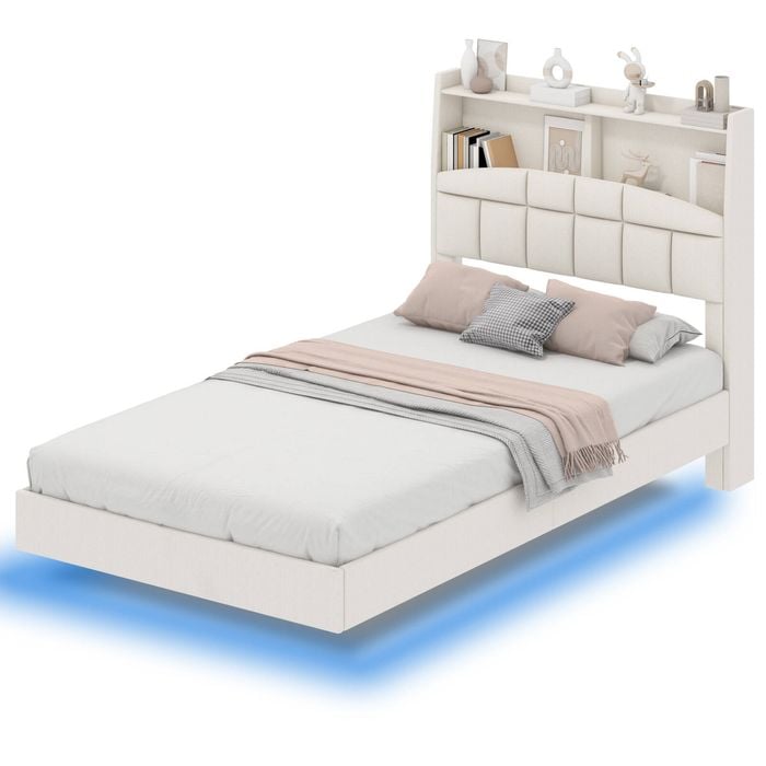Ufurniture Velvet Floating Bed Frame with LED Lights and Storage Headboard King Single Size Beige