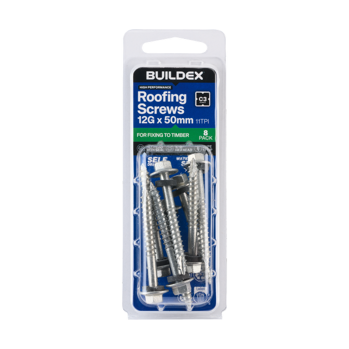 Buildex 12G x 50mm Class 3 Roofing Screws with Seal - 8 Pack