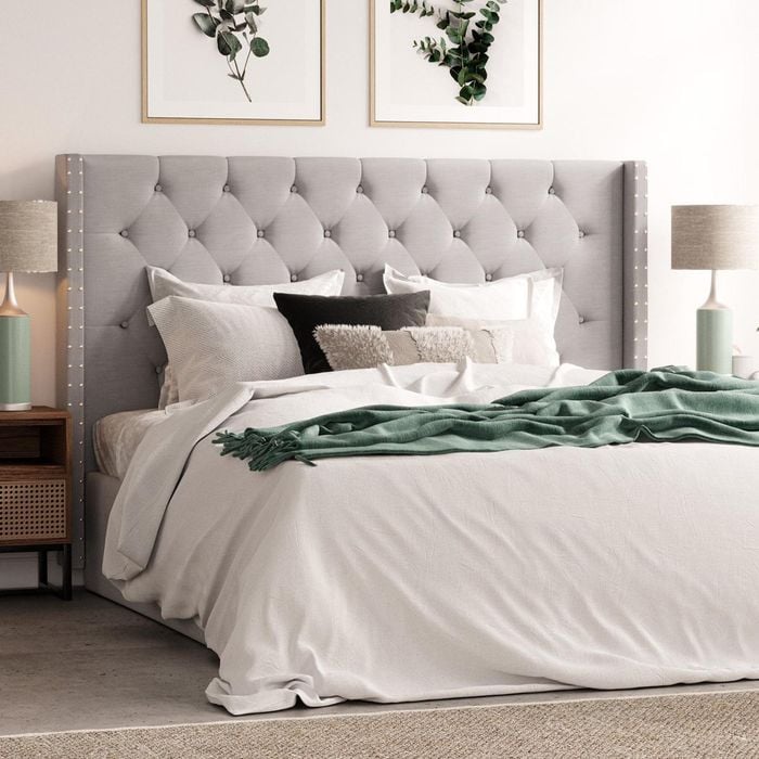 Camila Double Grey Upholstered Fabric Wing Bed Head