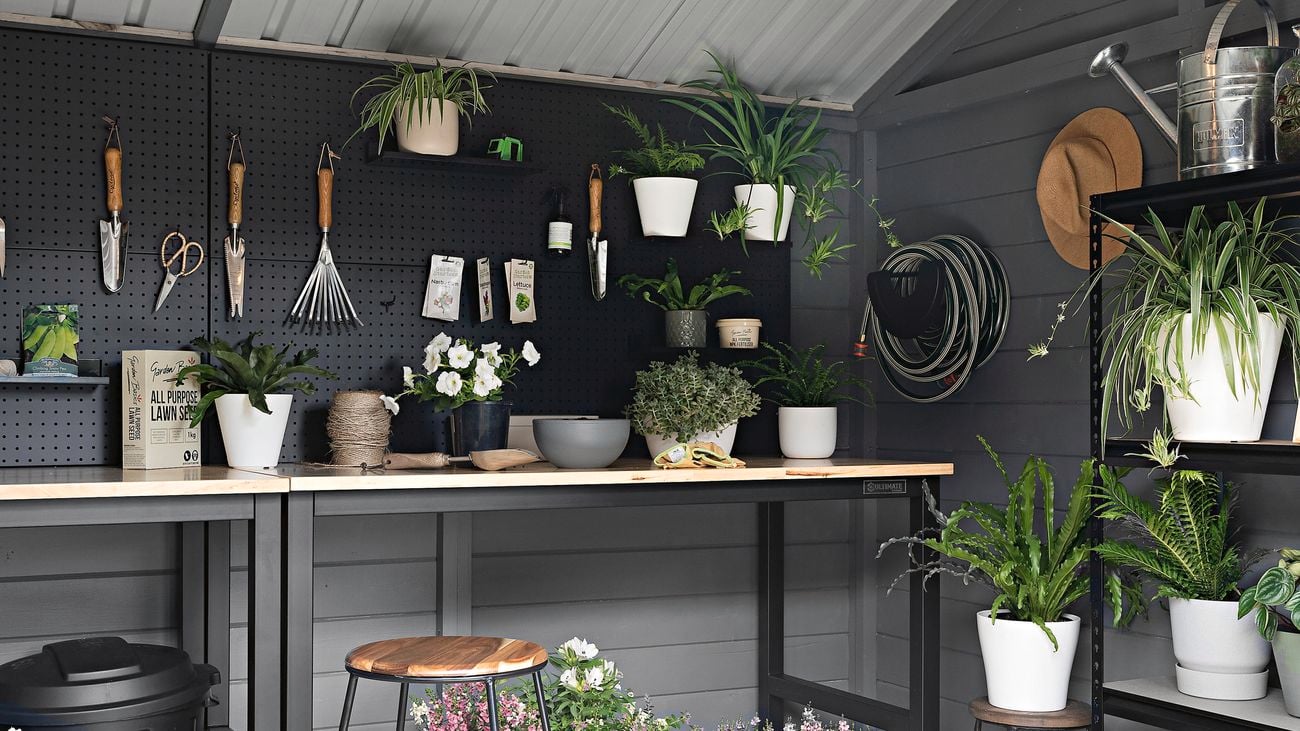 Outdoor potting shed featuring a workbench, stool, industrial style shelving and a pegboard