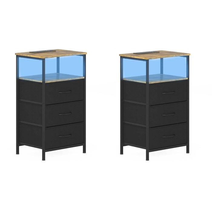 Ufurniture 2xnightstand With Led Light And Charging Station Industrial End Table 3 Fabric Drawers And Open Shelf Brown