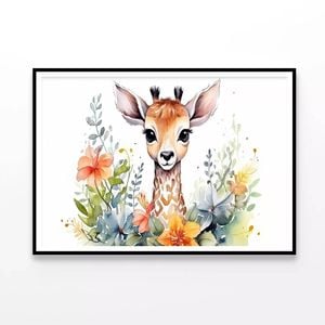 Baby Giraffe in Flower Garden  Print 100% Australian Made 120x90cm  (Poster)