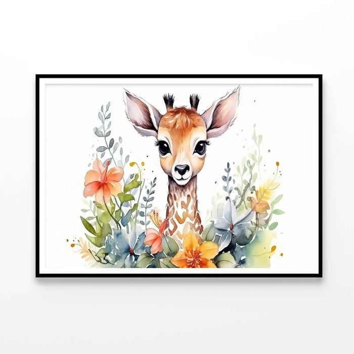 Baby Giraffe in Flower Garden  Print 100% Australian Made 120x90cm  (Poster)