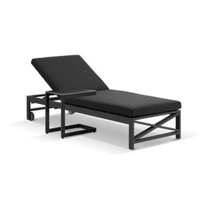 Kansas Outdoor Aluminium Sun Lounge On Wheels Charcoal With Hugo Slide Under Side Table & Denim Grey Cushions