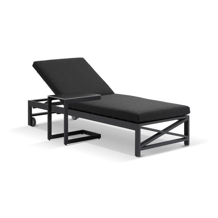 Kansas Outdoor Aluminium Sun Lounge On Wheels Charcoal With Hugo Slide Under Side Table & Denim Grey Cushions