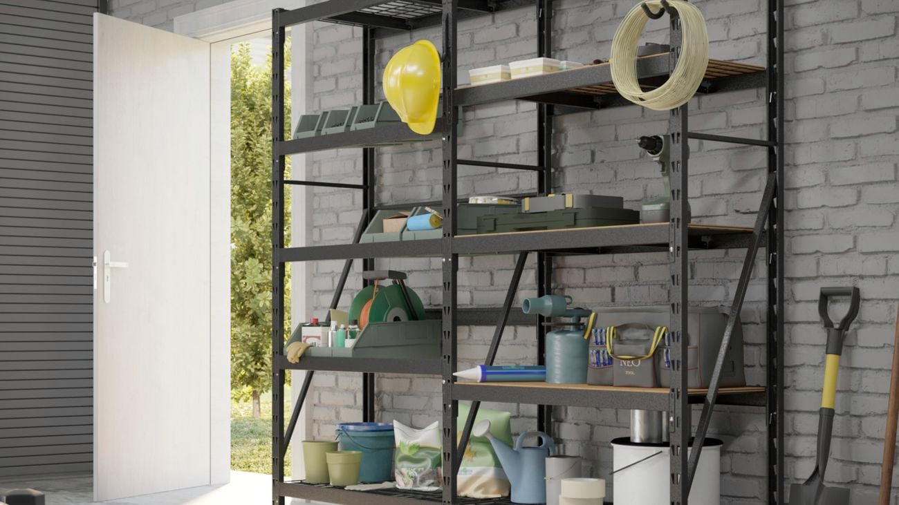 Household tools stored in a garage on black Rack It modular shelving.