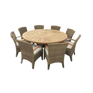 Solomon 1.8M Round Outdoor Teak Timber Table With Kai Wicker Chairs + Lazy Susan