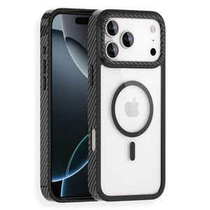 For Apple iPhone 17 Pro Max /18 Pro Max Kevlar Texture Carbon Fiber Magnetic Back Case – Shockproof Clear Back Cover (Black)