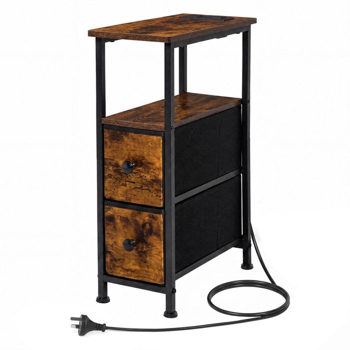 Levede Bedside Table Narrow Side Table with LED Charging Station Brown