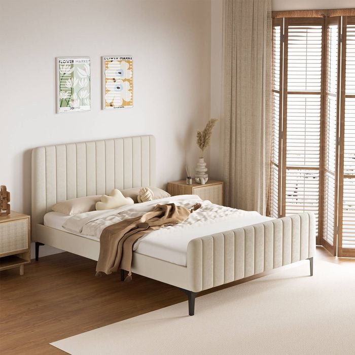 Oikiture Bed Frame Base Velvet Fabric Beige ROYO - Double