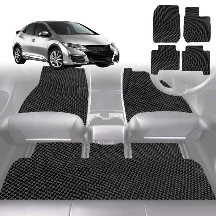 6D Diamond Car Floor Mats for Honda Civic 2012-2016 9th Gen Hatch-Full Set-Black-Outback GT