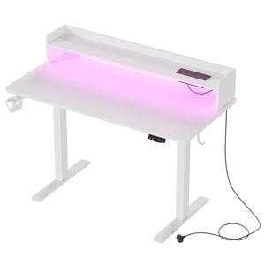Ufurniture LED Light Electric Standing Desk with Power Outlets Sit Stand up Computer Workstation with Monitor Shelf White