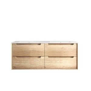 Attica 1200mm Natural Oak Baia Wall Hung Vanity with Ceramic Top Double Bowl