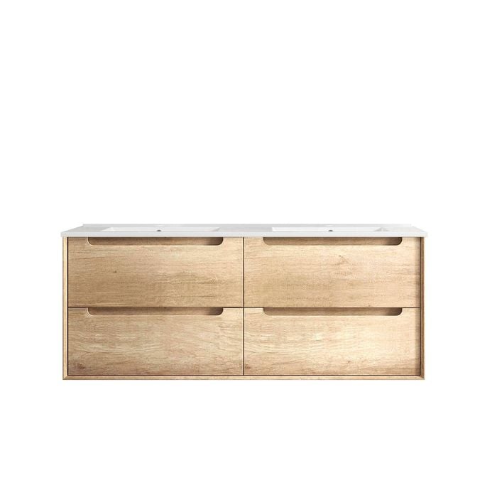 Attica 1200mm Natural Oak Baia Wall Hung Vanity with Ceramic Top Double Bowl