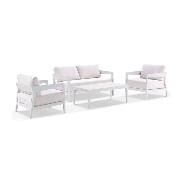 Bronte 2+1+1 Outdoor Aluminium Lounge Setting White With Coffee Table & Sunbrella Canvas Cushions