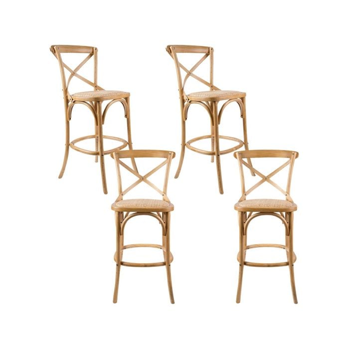 Aster 4pc Crossback Bar Stools Dining Chair Solid Birch Timber Rattan Seat - Oak