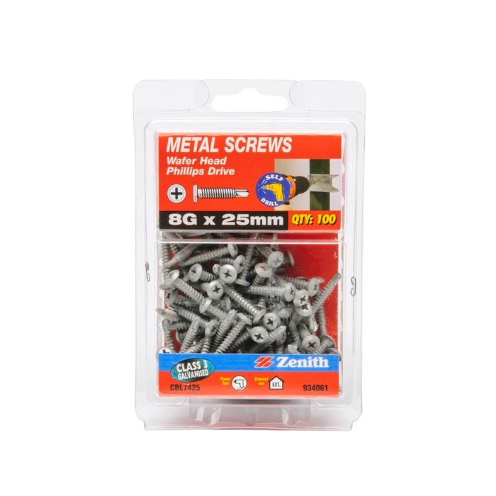 Zenith 8G x 25mm Galvanised Wafer Head Metal Screws - 100 Pack